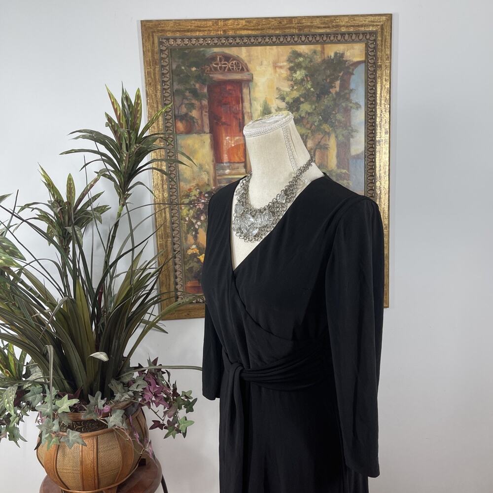 Kasper Dress Size 8 Black Faux Wrap A-Line Midi Tie Waist 3/4 Sleeve Stretch - Picture 7 of 12